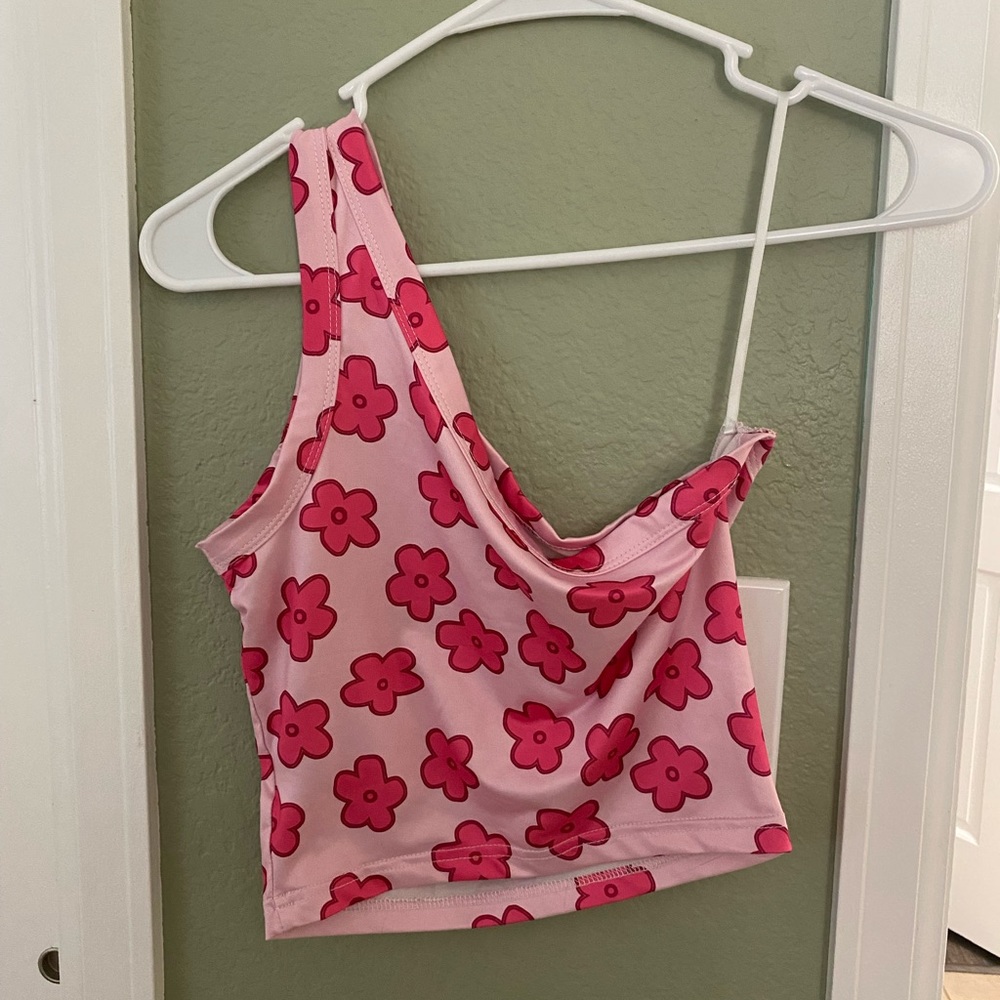 Pink One Shoulder Flower Crop Tank